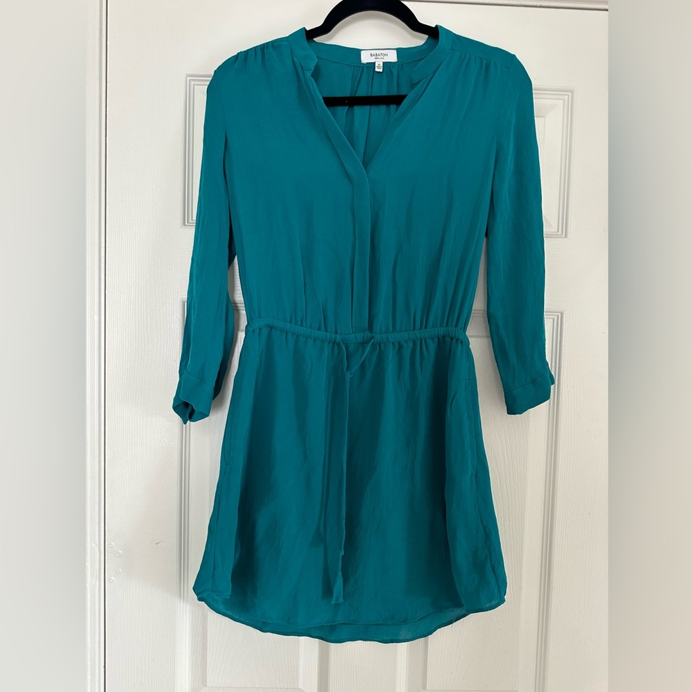 Aritzia Babaton Tunic 100% Silk Dress long sleeve teal Blue green XS